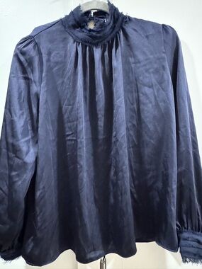 Navy Satin Mock Neck Blouse